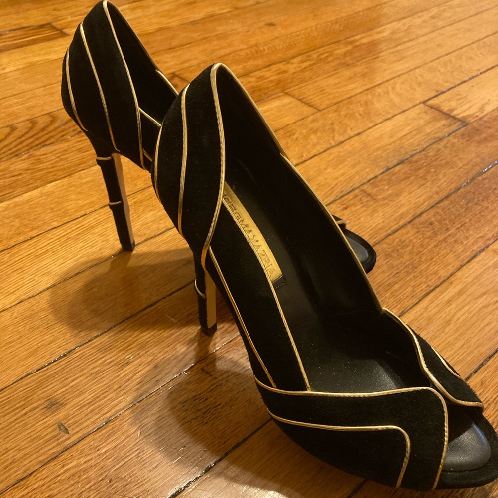 BCBGMAXAZRIA black and gold peep toe stiletto.